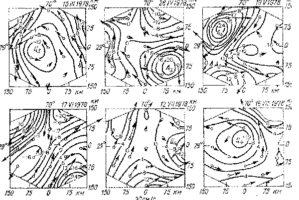  Рис.3. Векторы скорости и линии тока синоптических течений на горизонте 700 м в районе ПОЛИМОДЕ на отдельные даты 1978 г. Буквами Ц и А с индексами внизу показаны отдельные циклонические и антициклонические вихри [Каменкович, Кошляков, Монин, 1982]. 
