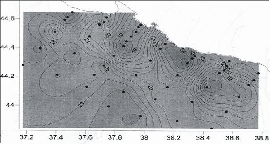  Рис. 4. Распределение температуры поверхности северо-восточной Чёрного моря. Выделяются аномалии температуры ~ 3-50С. 