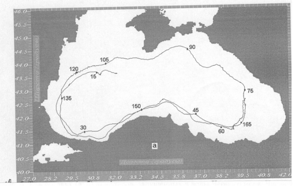  Рис. 5. Трасса дрифтера, запущенного в воды Чёрного моря. Числа около точек - время движения дрифтера с момента его запуска (в сутках). 
