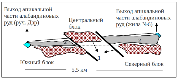  Рис. 1. Принципиальный продольный разрез в плоскости субмеридионального Главного разлома. В блоковом строении Высокогорного рудного поля устанавливается пологое южное склонение минерализации, сформировавшейся в ранний-средний (1) и поздний (2) этапы рудообразования. 